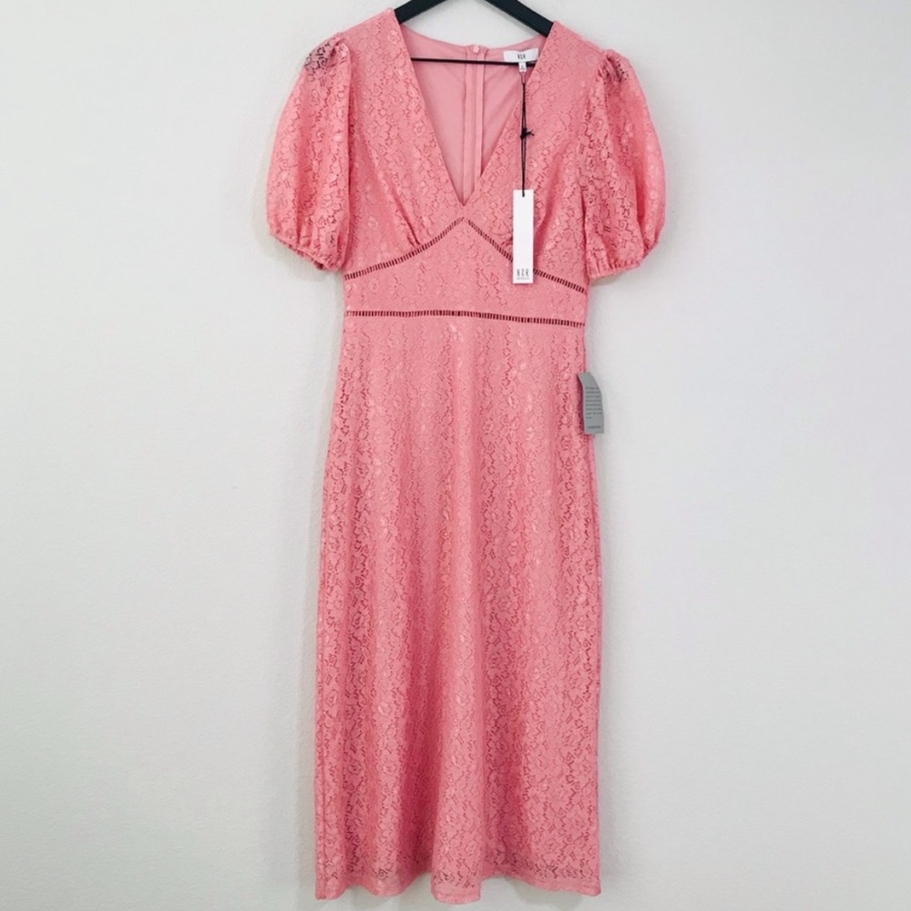 NWT NSR Puff Sleeve Romantic Lace Party Cocktail Retro Romantic Midi Dress